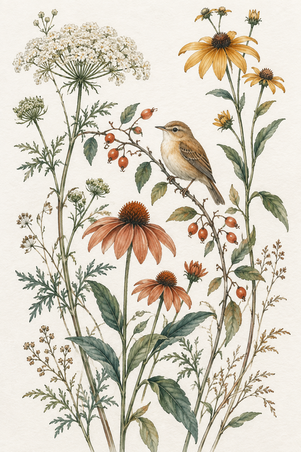Wildflower and bird artwork cropped at the top and bottom to fill a 4:5 page